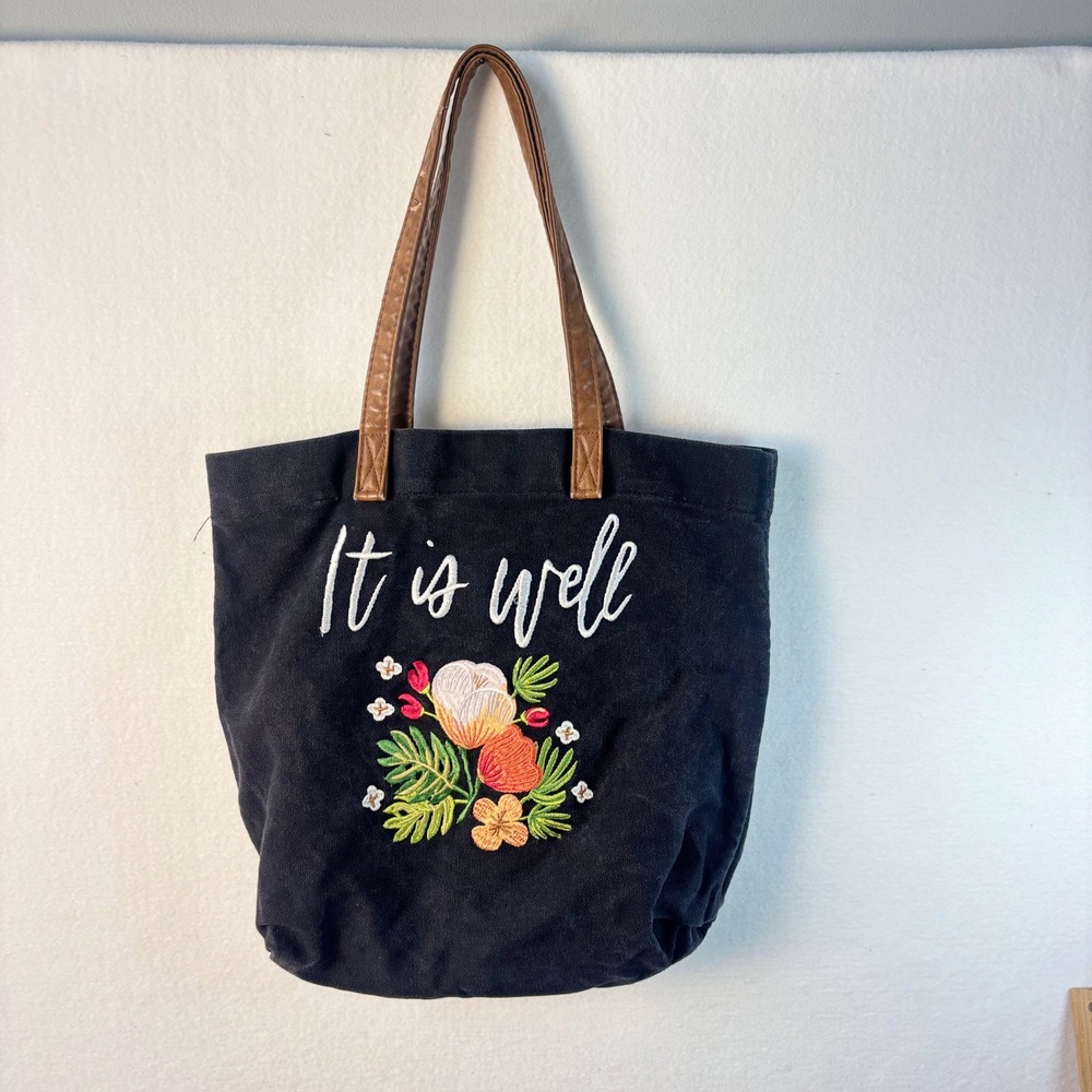 Mary & Martha It Is Well Embroidered Canvas Tote Bag Black Floral Christian